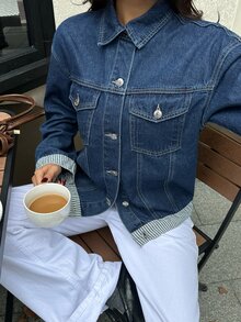 Rivivi 時尚條紋拼接袖口與下擺水洗牛仔夾克 - 深色水洗藍 - 查看 4