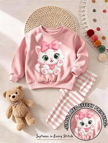 Fall Outfits Baby Girls Cartoon Kitten Bow Print Crew Neck Sweatshirt & Leggings Set, Fall Clothes Winter - Multicolor - View 4