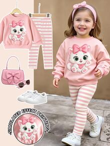 Fall Outfits Baby Girls Cartoon Kitten Bow Print Crew Neck Sweatshirt & Leggings Set, Fall Clothes Winter - Multicolor - View 1