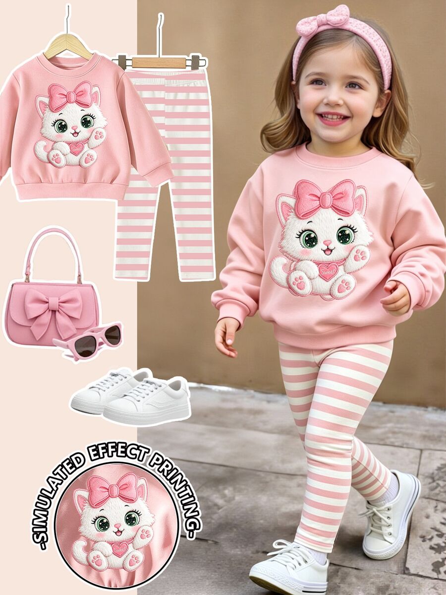 Fall Outfits Baby Girls Cartoon Kitten Bow Print Crew Neck Sweatshirt & Leggings Set, Fall Clothes Winter - Multicolor - View 1