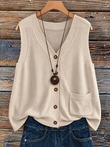 EMERY ROSE Knitted V-Neck Sleeveless Vest Top With Pockets Fall Autumn Fall Clothes For Women Clothes Women Fall Winter Sweater Fall Winter 2026 - Apricot - View 1
