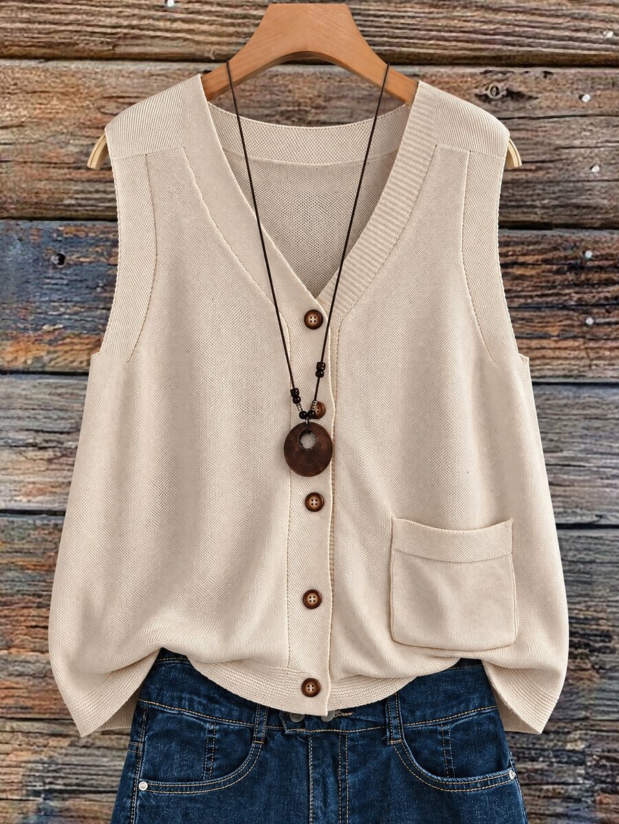 EMERY ROSE Knitted V-Neck Sleeveless Vest Top With Pockets Fall Autumn Fall Clothes For Women Clothes Women Fall Winter Sweater Fall Winter 2026 - Apricot - View 1