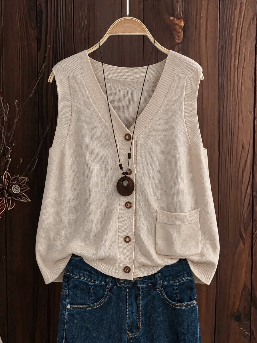EMERY ROSE Knitted V-Neck Sleeveless Vest Top With Pockets Fall Autumn Fall Clothes For Women Clothes Women Fall Winter Sweater Fall Winter 2026 - Apricot - View 1