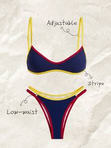 SHEIN Swim 女款夏季海灘拼色細肩帶性感比基尼三角褲兩件式泳衣套裝 - 彩色 - 查看 4
