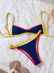 SHEIN Swim 女款夏季海灘拼色細肩帶性感比基尼三角褲兩件式泳衣套裝 - 彩色 - 查看 3
