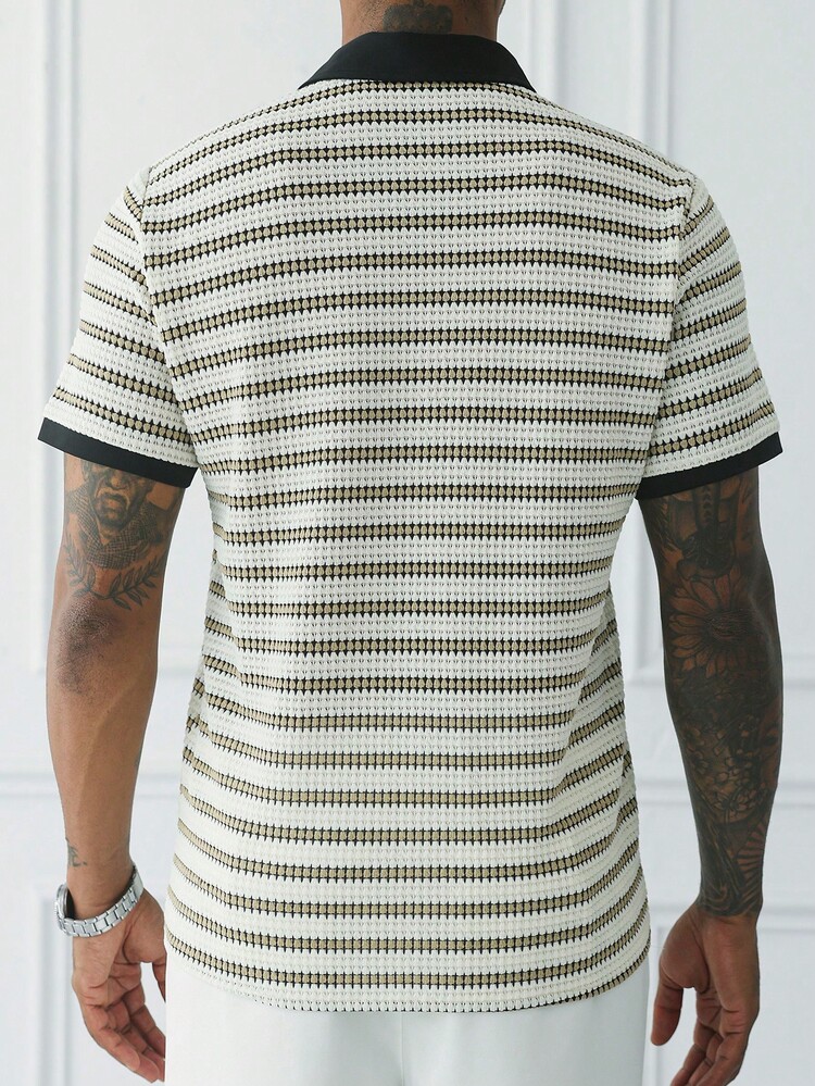 HUEFORM Men's Summer Striped Textured Knit Color-Block Loose Casual Short Sleeve Shirt Top - Khaki - View 3