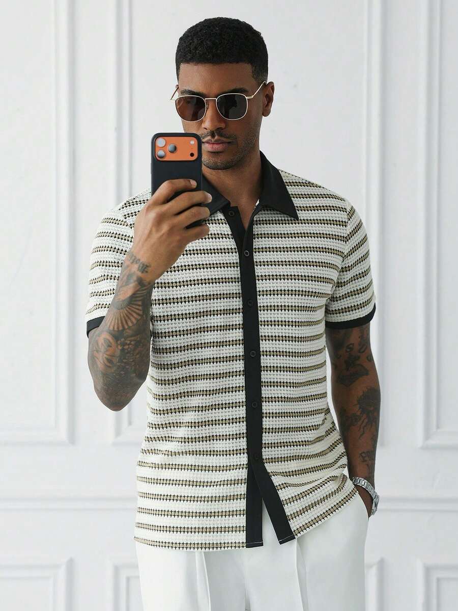 HUEFORM Men's Summer Striped Textured Knit Color-Block Loose Casual Short Sleeve Shirt Top - Khaki - View 1