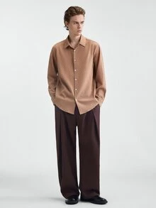 Manfinity Homme 男士休閒提花單排扣長袖襯衫，棕色，正式款 - 棕色 - 查看 5