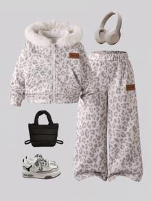 Young Girls Hooded Leopard Outerwear Co-Ords, Fall, Autumn, Cheetah Print, Leopard Print Faux Fur Hooded Full Zip Jacket & Sweatpants,Grey Leopard - Apricot - View 7