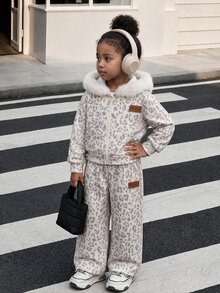 Young Girls Hooded Leopard Outerwear Co-Ords, Fall, Autumn, Cheetah Print, Leopard Print Faux Fur Hooded Full Zip Jacket & Sweatpants,Grey Leopard - Apricot - View 10
