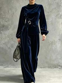 Elenzga 女款秋冬天鵝絨兩件套，金屬裝飾腰帶搭配寬腿口袋長褲，適合日常、通勤、約會、派對 - 藏蓝色 - 查看 3