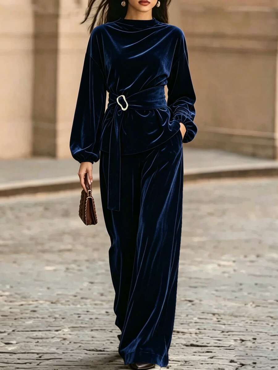 Elenzga Women's Autumn/Winter Velvet 2 Pieces Set, Metal Decor Belt And Wide Leg Pants With Pockets, Suitable For Daily, Commute, Date, Party - Navy Blue - View 1