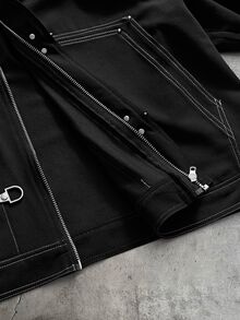 AXEPEAK Men's Black Metal Button Long Sleeve Fashion Versatile Zip Jacket, For Spring, Outdoor - Black - View 5