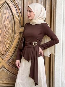 Selianne Solid Color 34% Cotton Cross-Wrap Long Sleeve T-Shirt For Women, Tie Waist, Flared Sleeves, Asymmetric Ruffle Hem With Ribbon, Elegant Top, Middle East Modest Style - Brown - View 7