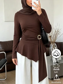 Selianne Solid Color 34% Cotton Cross-Wrap Long Sleeve T-Shirt For Women, Tie Waist, Flared Sleeves, Asymmetric Ruffle Hem With Ribbon, Elegant Top, Middle East Modest Style - Brown - View 1