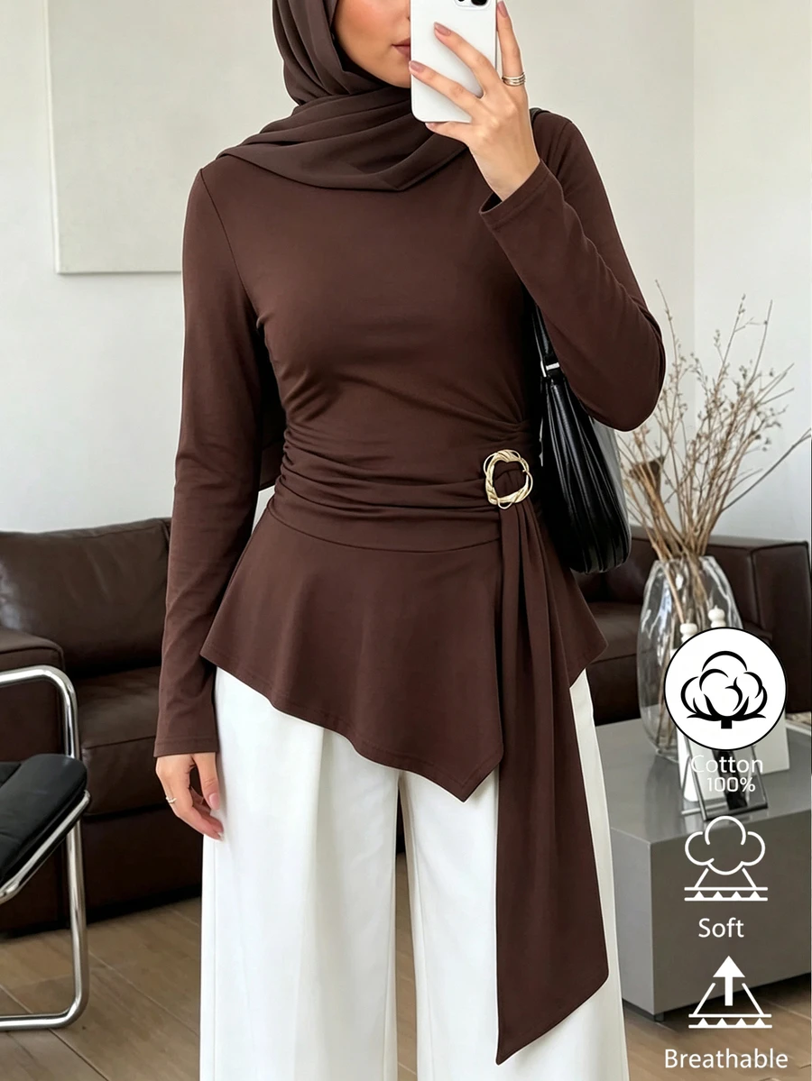 Selianne Solid Color 34% Cotton Cross-Wrap Long Sleeve T-Shirt For Women, Tie Waist, Flared Sleeves, Asymmetric Ruffle Hem With Ribbon, Elegant Top, Middle East Modest Style - Brown - View 1