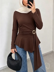 Selianne Solid Color 34% Cotton Cross-Wrap Long Sleeve T-Shirt For Women, Tie Waist, Flared Sleeves, Asymmetric Ruffle Hem With Ribbon, Elegant Top, Middle East Modest Style - Brown - View 3