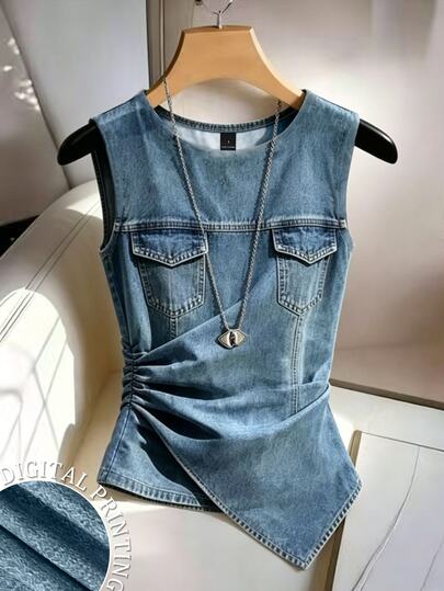 Franclia Women's Denim Effect Print Pleated Sleeveless Casual Top