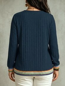 SHEIN LUNE Women's V-Neck Patchwork Vintage Print Long Sleeve Plus Size Sweatshirt, Autumn/Winter Fall Cloth For Women - Navy Blue - View 2