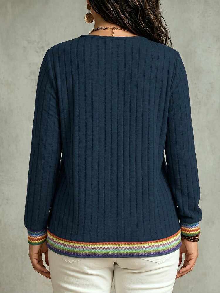SHEIN LUNE Women's V-Neck Patchwork Vintage Print Long Sleeve Plus Size Sweatshirt, Autumn/Winter Fall Cloth For Women - Navy Blue - View 2