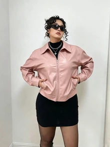 POPSWAY Plus Size Open Front Zipper Solid Color PU Long Sleeve Lapel Jacket - Pink - View 5