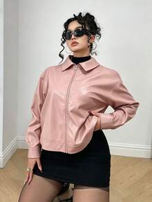 POPSWAY Plus Size Open Front Zipper Solid Color PU Long Sleeve Lapel Jacket - Pink - View 3