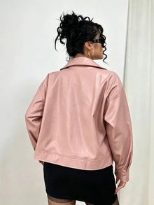 POPSWAY Plus Size Open Front Zipper Solid Color PU Long Sleeve Lapel Jacket - Pink - View 2