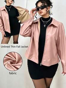 POPSWAY Plus Size Open Front Zipper Solid Color PU Long Sleeve Lapel Jacket - Pink - View 4