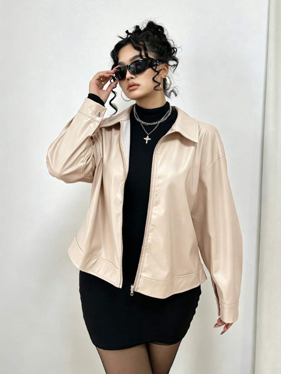 POPSWAY Plus Size Solid Color PU Long Sleeve Zip-Up Lapel Jacket - Apricot - View 1