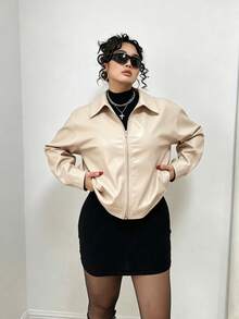 POPSWAY Plus Size Solid Color PU Long Sleeve Zip-Up Lapel Jacket - Apricot - View 3