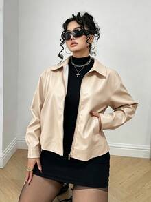 POPSWAY Plus Size Solid Color PU Long Sleeve Zip-Up Lapel Jacket - Apricot - View 6