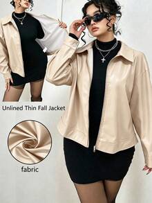 POPSWAY Plus Size Solid Color PU Long Sleeve Zip-Up Lapel Jacket - Apricot - View 5