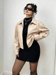 POPSWAY Plus Size Solid Color PU Long Sleeve Zip-Up Lapel Jacket - Apricot - View 4