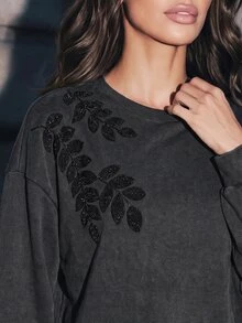 Anewsta Women's New Round Neck Loose Long Sleeve Heavy Beaded Embroidery Washed Effect Fashion Sweatshirt - Black - View 5