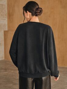 Anewsta Women's New Round Neck Loose Long Sleeve Heavy Beaded Embroidery Washed Effect Fashion Sweatshirt - Black - View 2