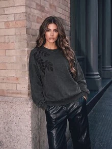 Anewsta Women's New Round Neck Loose Long Sleeve Heavy Beaded Embroidery Washed Effect Fashion Sweatshirt - Black - View 4