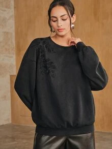 Anewsta Women's New Round Neck Loose Long Sleeve Heavy Beaded Embroidery Washed Effect Fashion Sweatshirt - Black - View 7