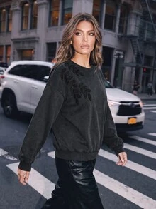 Anewsta Women's New Round Neck Loose Long Sleeve Heavy Beaded Embroidery Washed Effect Fashion Sweatshirt - Black - View 3