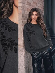 Anewsta Women's New Round Neck Loose Long Sleeve Heavy Beaded Embroidery Washed Effect Fashion Sweatshirt - Black - View 1