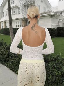 Luzma Cabello Luzma Cabello Women's Round Neck Fitted Fashionable Lace Long Sleeve T-Shirt - Apricot - View 2