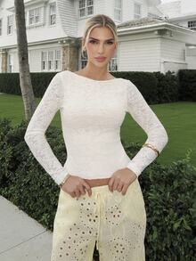 Luzma Cabello Luzma Cabello Women's Round Neck Fitted Fashionable Lace Long Sleeve T-Shirt - Apricot - View 1