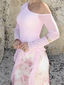 Luzma Cabello Luzma Cabello Women's Soft Pink Chic Night Out Summer T-Shirt, Asymmetric Jellyfish Ribbon Ruffled Hem Sloping Shoulder Long Sleeve See-Through Mesh Top - Pink - View 5