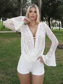 Luzma Cabello Luzma Cabello Women's Plunging Neck Sheer Flare Sleeve Sexy Romper - White - View 1