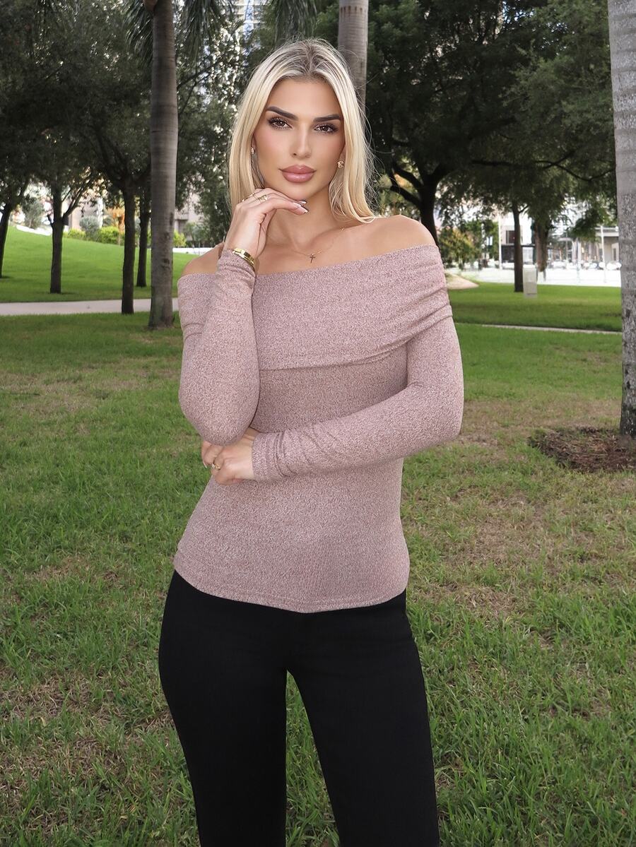 Luzma Cabello Luzma Cabello Women's Off-Shoulder Fitted T-Shirt, Autumn/Winter New Arrival Long Sleeve - Coffee Brown - View 1