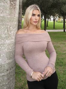 Luzma Cabello Luzma Cabello Women's Off-Shoulder Fitted T-Shirt, Autumn/Winter New Arrival Long Sleeve - Coffee Brown - View 6