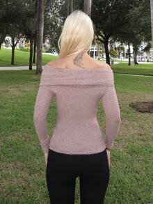 Luzma Cabello Luzma Cabello Women's Off-Shoulder Fitted T-Shirt, Autumn/Winter New Arrival Long Sleeve - Coffee Brown - View 2