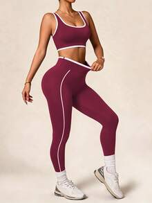 SHEIN Rhythm Era 女款條紋拼接背心與交叉腰無縫高彈力運動緊身褲套裝 - 酒紅色 - 查看 4