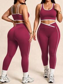 SHEIN Rhythm Era 女款條紋拼接背心與交叉腰無縫高彈力運動緊身褲套裝 - 酒紅色 - 查看 2