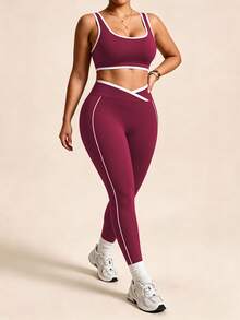 SHEIN Rhythm Era 女款條紋拼接背心與交叉腰無縫高彈力運動緊身褲套裝 - 酒紅色 - 查看 6