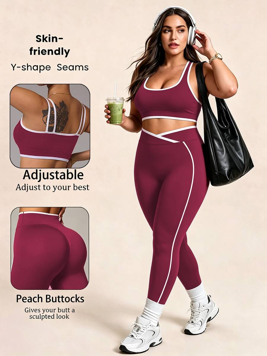 SHEIN Rhythm Era 女款條紋拼接背心與交叉腰無縫高彈力運動緊身褲套裝 - 酒紅色 - 查看 1